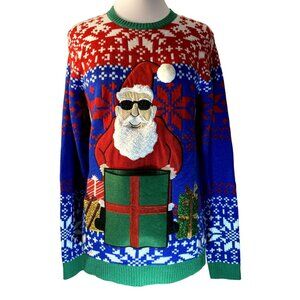 Jolly Sweaters Pullover Ugly Christmas Holiday Santa Sunglasses Colorful Sz S